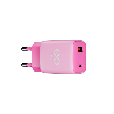 Uniwersalna szybka ładowarka sieciowa eXc CUBE, 1x USB-A QC + 1x USB-C PD, 30W, jasno różowo-różowa