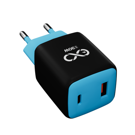 Uniwersalna szybka ładowarka sieciowa eXc CUBE, 1x USB-A QC + 1x USB-C PD, 30W, czarno-niebieska
