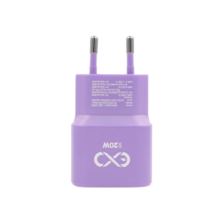 Uniwersalna szybka ładowarka sieciowa eXc SLIM, 1x USB-A QC + 1x USB-C PD, 20W, liliowa