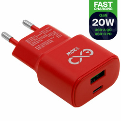 Uniwersalna szybka ładowarka sieciowa eXc SLIM, 1x USB-A QC + 1x USB-C PD, 20W, czerwona
