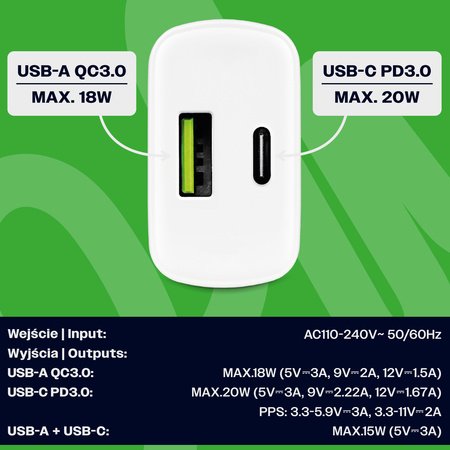 Uniwersalna szybka ładowarka sieciowa eXc SLIM, 1x USB-A QC + 1x USB-C PD, 20W, biała
