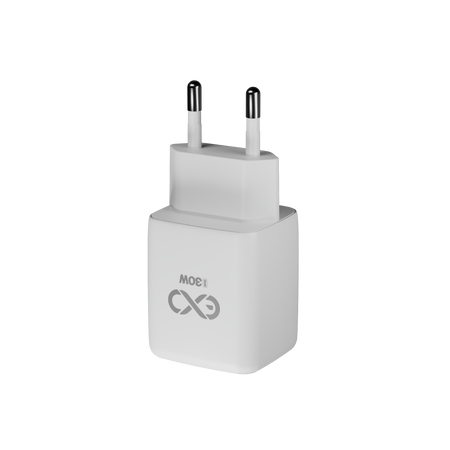 Uniwersalna szybka ładowarka sieciowa eXc CUBE, 1x USB-A QC + 1x USB-C PD, 30W, biała