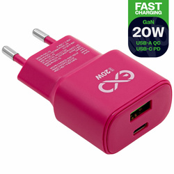 Uniwersalna szybka ładowarka sieciowa eXc SLIM, 1x USB-A QC + 1x USB-C PD, 20W, różowa