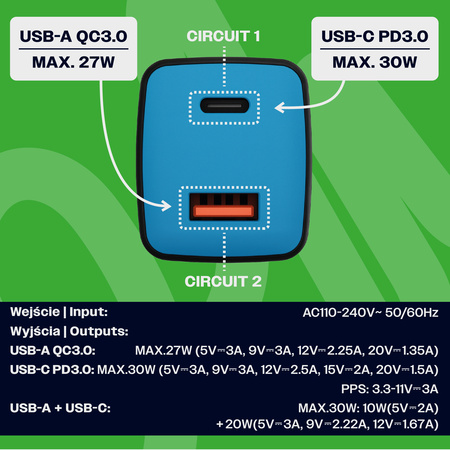 Uniwersalna szybka ładowarka sieciowa eXc CUBE, 1x USB-A QC + 1x USB-C PD, 30W, czarno-niebieska
