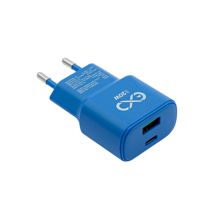 Uniwersalna szybka ładowarka sieciowa eXc SLIM, 1x USB-A QC + 1x USB-C PD, 20W, rozlany cyan