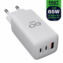 Uniwersalna szybka ładowarka sieciowa eXc CUBE, 1x USB-A QC + 2x USB-C PD, 65W, biała
