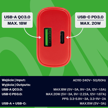 Uniwersalna szybka ładowarka sieciowa eXc SLIM, 1x USB-A QC + 1x USB-C PD, 20W, czerwona