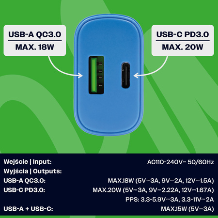 Uniwersalna szybka ładowarka sieciowa eXc SLIM, 1x USB-A QC + 1x USB-C PD, 20W, rozlany cyan