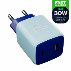 Uniwersalna szybka ładowarka sieciowa eXc CUBE, 1x USB-A QC + 1x USB-C PD, 30W, jasno niebiesko-granatowa