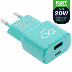 Uniwersalna szybka ładowarka sieciowa eXc SLIM, 1x USB-A QC + 1x USB-C PD, 20W, miętowa