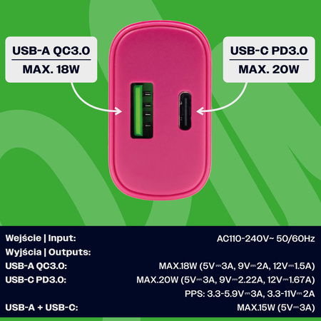 Uniwersalna szybka ładowarka sieciowa eXc SLIM, 1x USB-A QC + 1x USB-C PD, 20W, różowa