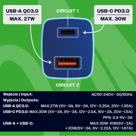 Uniwersalna szybka ładowarka sieciowa eXc CUBE, 1x USB-A QC + 1x USB-C PD, 30W, jasno niebiesko-granatowa