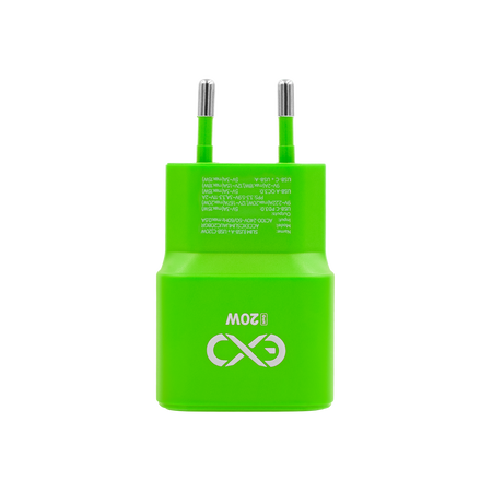 Uniwersalna szybka ładowarka sieciowa eXc SLIM, 1x USB-A QC + 1x USB-C PD, 20W, neonowo zielona