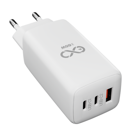 Uniwersalna szybka ładowarka sieciowa eXc CUBE, 1x USB-A QC + 2x USB-C PD, 65W, biała