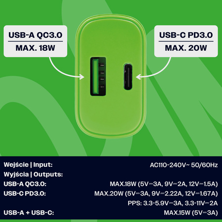 Uniwersalna szybka ładowarka sieciowa eXc SLIM, 1x USB-A QC + 1x USB-C PD, 20W, neonowo zielona