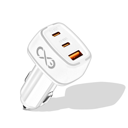 Uniwersalna szybka ładowarka samochodowa eXc LIGHT,1x USB-A QC+2x USB-C PD, 75W, biała