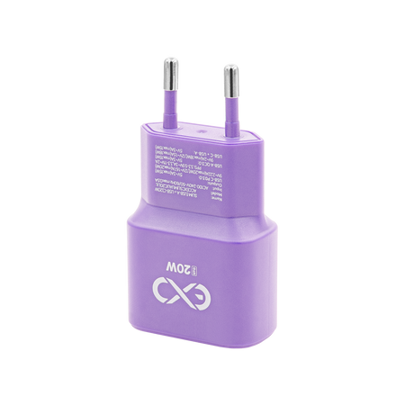Uniwersalna szybka ładowarka sieciowa eXc SLIM, 1x USB-A QC + 1x USB-C PD, 20W, liliowa