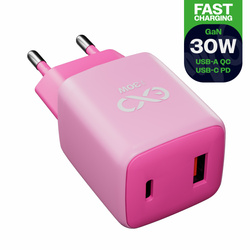 Uniwersalna szybka ładowarka sieciowa eXc CUBE, 1x USB-A QC + 1x USB-C PD, 30W, jasno różowo-różowa