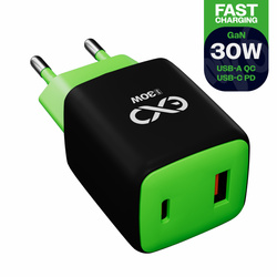 Uniwersalna szybka ładowarka sieciowa eXc CUBE, 1x USB-A QC + 1x USB-C PD, 30W, czarno-neonowo zielona
