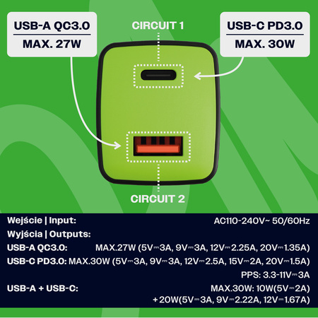 Uniwersalna szybka ładowarka sieciowa eXc CUBE, 1x USB-A QC + 1x USB-C PD, 30W, czarno-neonowo zielona