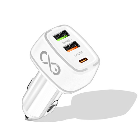 Uniwersalna szybka ładowarka samochodowa eXc LIGHT, 2x USB-A QC+1x USB-C PD, 48W, biała