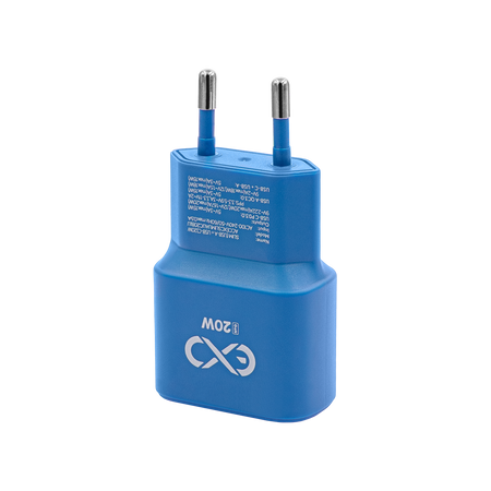 Uniwersalna szybka ładowarka sieciowa eXc SLIM, 1x USB-A QC + 1x USB-C PD, 20W, rozlany cyan