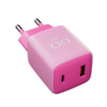 Uniwersalna szybka ładowarka sieciowa eXc CUBE, 1x USB-A QC + 1x USB-C PD, 30W, jasno różowo-różowa