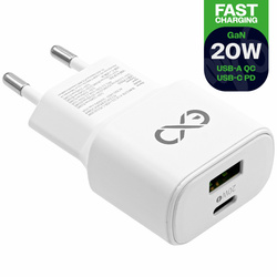 Uniwersalna szybka ładowarka sieciowa eXc SLIM, 1x USB-A QC + 1x USB-C PD, 20W, biała