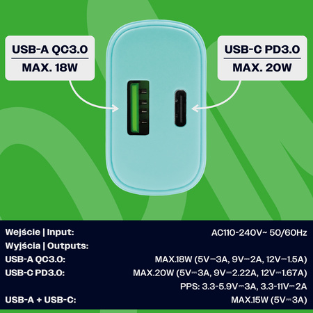 Uniwersalna szybka ładowarka sieciowa eXc SLIM, 1x USB-A QC + 1x USB-C PD, 20W, miętowa