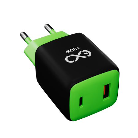 Uniwersalna szybka ładowarka sieciowa eXc CUBE, 1x USB-A QC + 1x USB-C PD, 30W, czarno-neonowo zielona