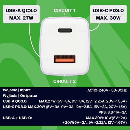 Uniwersalna szybka ładowarka sieciowa eXc CUBE, 1 xUSB-A QC + 1 xUSB-C PD, 30W, lilowo-biała
