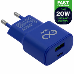 Uniwersalna ładowarka sieciowa eXc SLIM, 1x USB-A QC + 1x USB-C PD, 20W, granatowa