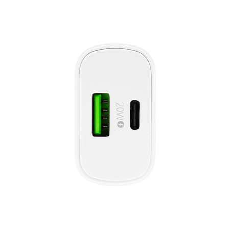 Uniwersalna szybka ładowarka sieciowa eXc SLIM, 1x USB-A QC + 1x USB-C PD, 20W, biała