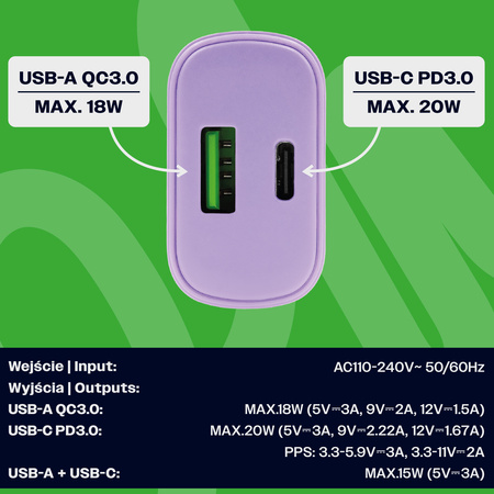 Uniwersalna szybka ładowarka sieciowa eXc SLIM, 1x USB-A QC + 1x USB-C PD, 20W, liliowa