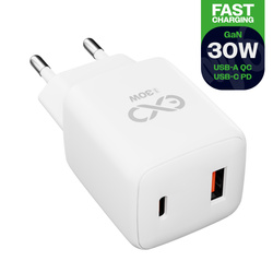 Uniwersalna szybka ładowarka sieciowa eXc CUBE, 1x USB-A QC + 1x USB-C PD, 30W, biała