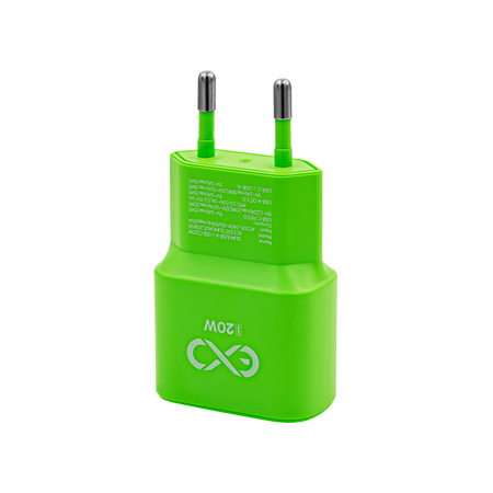 Uniwersalna szybka ładowarka sieciowa eXc SLIM, 1x USB-A QC + 1x USB-C PD, 20W, neonowo zielona