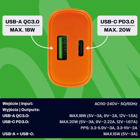 Uniwersalna szybka ładowarka sieciowa eXc SLIM, 1x USB-A QC + 1x USB-C PD, 20W, pomarańczowa