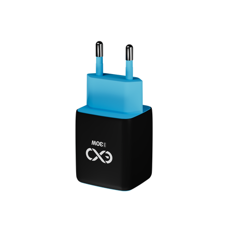 Uniwersalna szybka ładowarka sieciowa eXc CUBE, 1x USB-A QC + 1x USB-C PD, 30W, czarno-niebieska