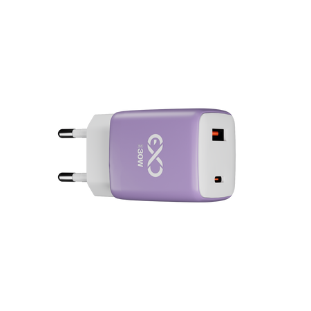 Uniwersalna szybka ładowarka sieciowa eXc CUBE, 1 xUSB-A QC + 1 xUSB-C PD, 30W, lilowo-biała