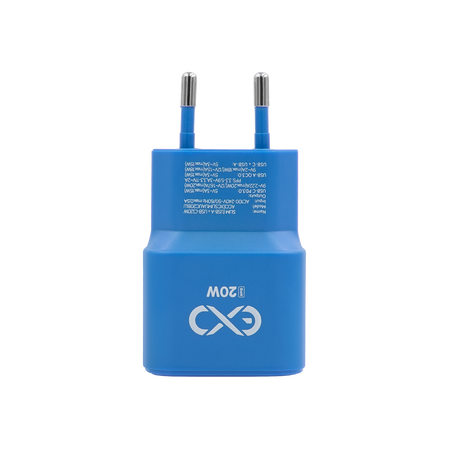 Uniwersalna szybka ładowarka sieciowa eXc SLIM, 1x USB-A QC + 1x USB-C PD, 20W, rozlany cyan