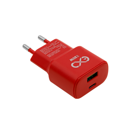 Uniwersalna szybka ładowarka sieciowa eXc SLIM, 1x USB-A QC + 1x USB-C PD, 20W, czerwona
