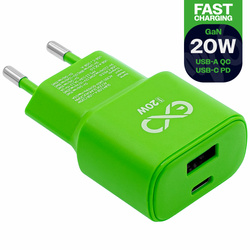 Uniwersalna szybka ładowarka sieciowa eXc SLIM, 1x USB-A QC + 1x USB-C PD, 20W, neonowo zielona