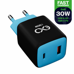 Uniwersalna szybka ładowarka sieciowa eXc CUBE, 1x USB-A QC + 1x USB-C PD, 30W, czarno-niebieska