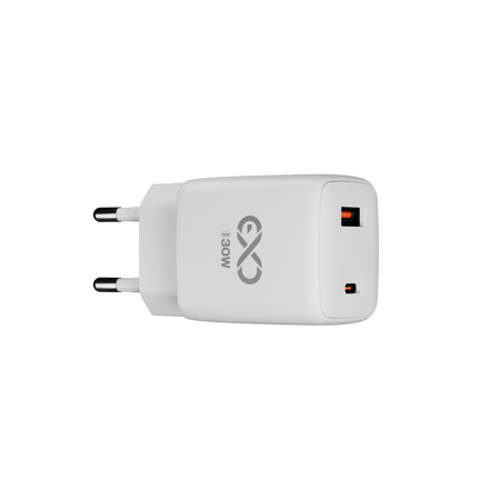 Uniwersalna szybka ładowarka sieciowa eXc CUBE, 1x USB-A QC + 1x USB-C PD, 30W, biała