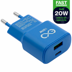 Uniwersalna szybka ładowarka sieciowa eXc SLIM, 1x USB-A QC + 1x USB-C PD, 20W, rozlany cyan