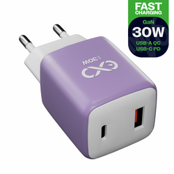 Uniwersalna szybka ładowarka sieciowa eXc CUBE, 1 xUSB-A QC + 1 xUSB-C PD, 30W, lilowo-biała