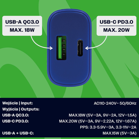 Uniwersalna ładowarka sieciowa eXc SLIM, 1x USB-A QC + 1x USB-C PD, 20W, granatowa