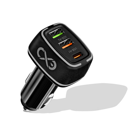 Uniwersalna szybka ładowarka samochodowa eXc LIGHT, 2x USB-A QC+1x USB-C PD, 48W, czarna