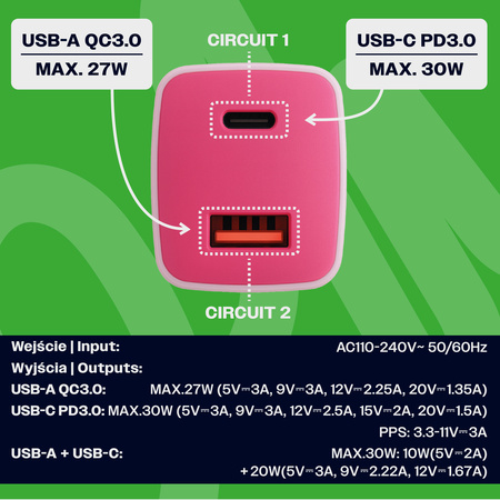 Uniwersalna szybka ładowarka sieciowa eXc CUBE, 1x USB-A QC + 1x USB-C PD, 30W, jasno różowo-różowa